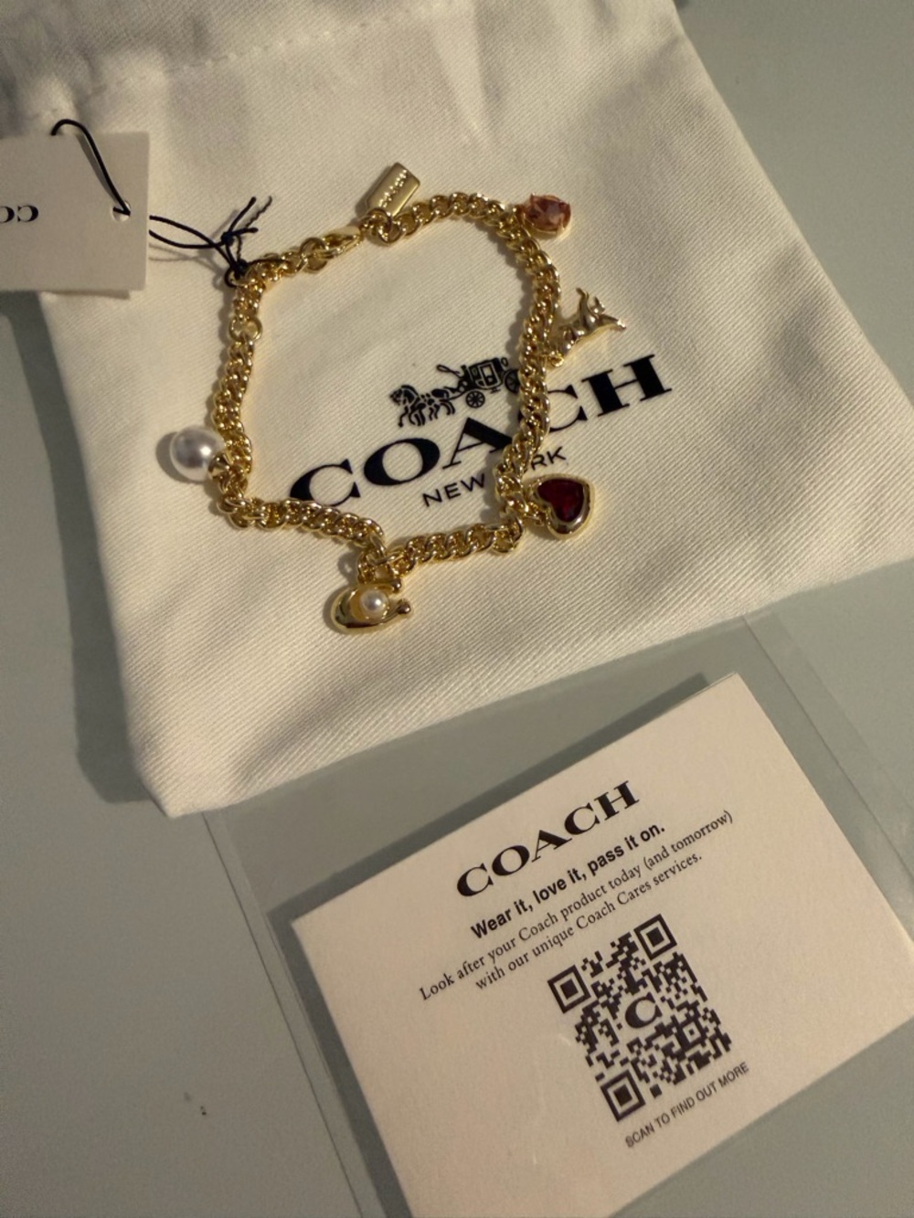 Viral Coach Gold Charm Bracelet with Red Heart and Pearl Charms - Picture 4 of 4
